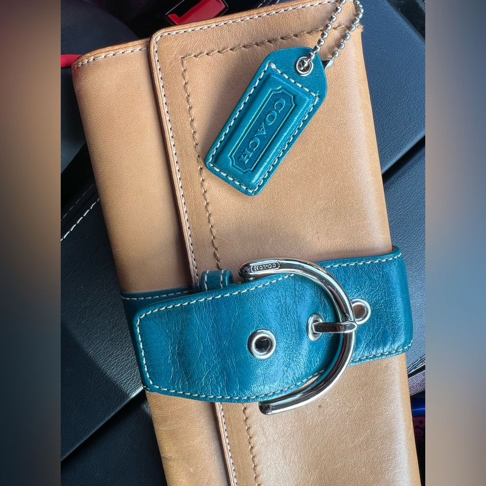 Coach Leather Wallet – Tan & Teal Buckle Style – Authentic Designer Accessory